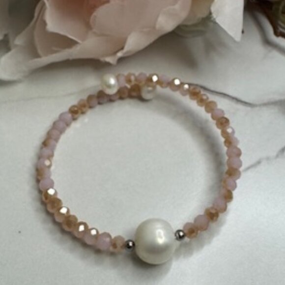 6-11mm White Cultured Freshwater Pearl Crystal Stainless Steel Wire Bracelet - Picture 1 of 4